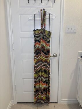 AGB Strapless Halter Maxi Dress Size 14 Chevron Print Boho Resort